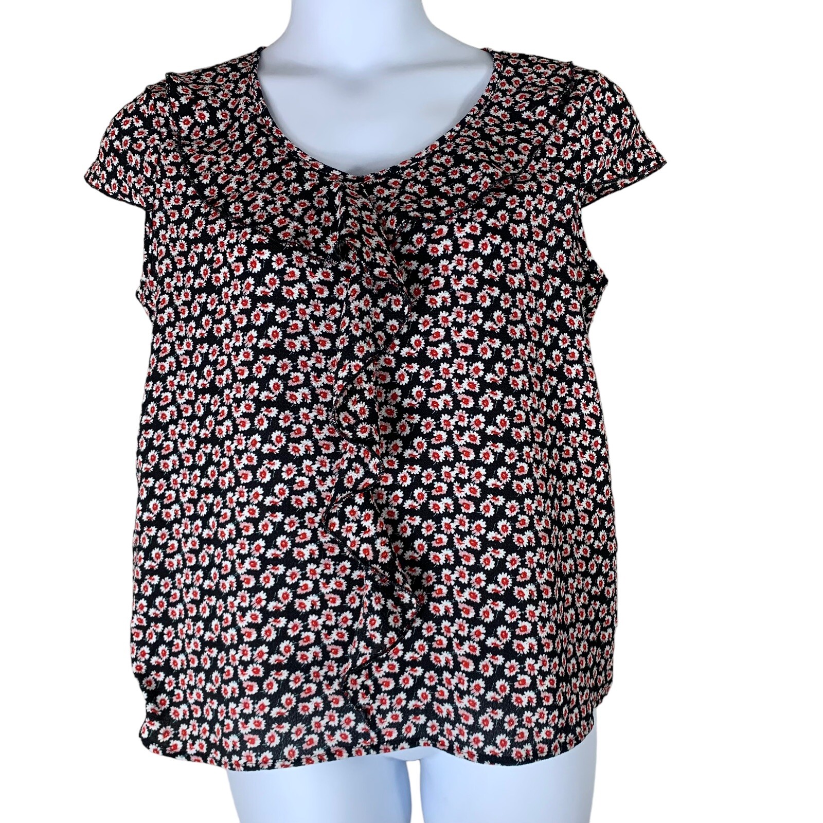 Lime N Chili Large Blouse Red White Black Floral Print Short Sleeve Size Large