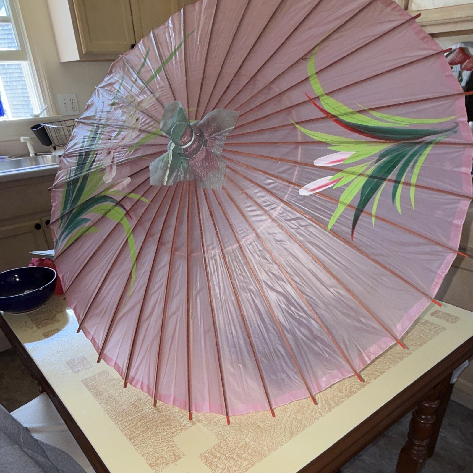 Women’s Pink Green & White Floral Flower Theme Parasol Style Umbrella