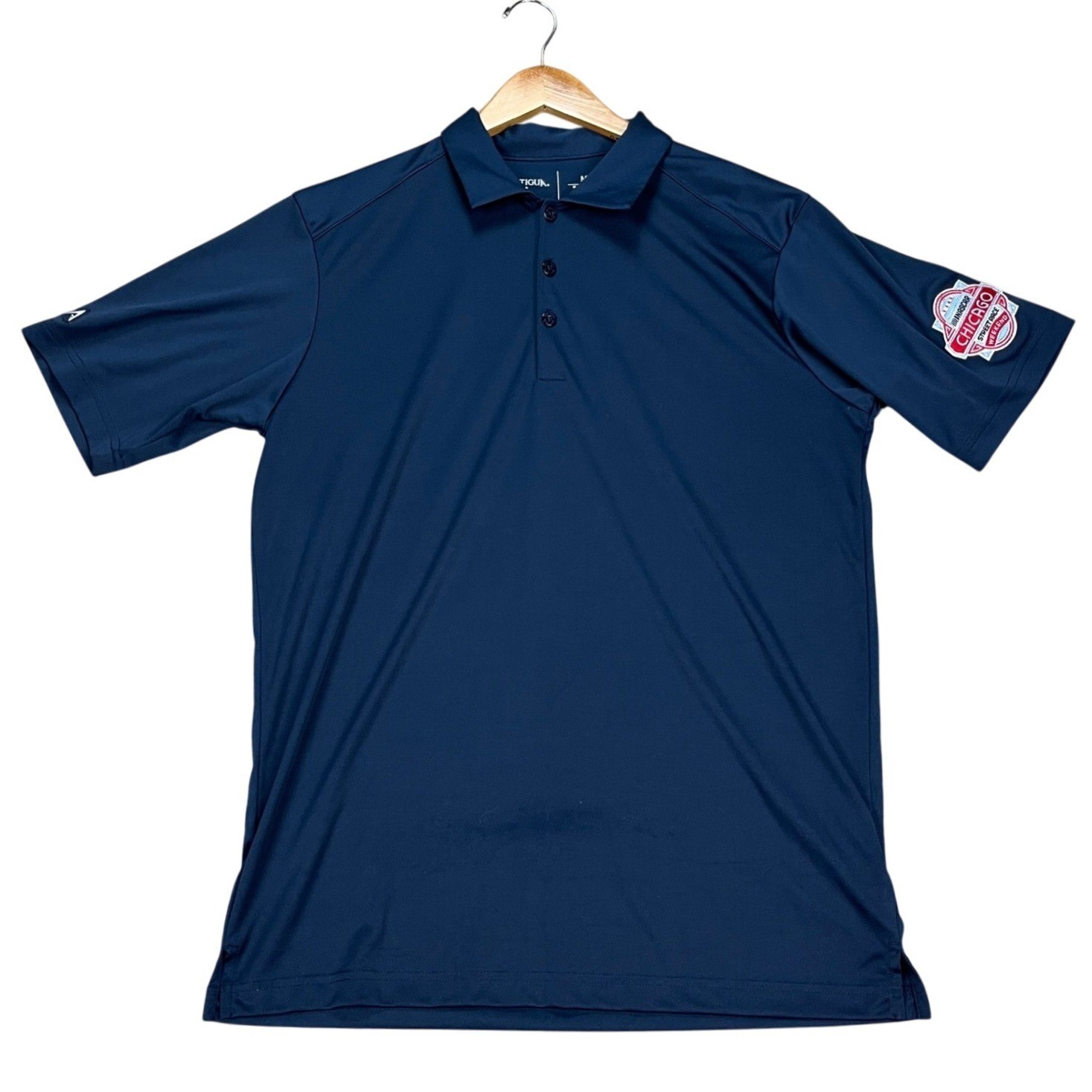 Antigua Polo Shirt Men Medium Navy Blue 3 Button Placket Performance NASCAR