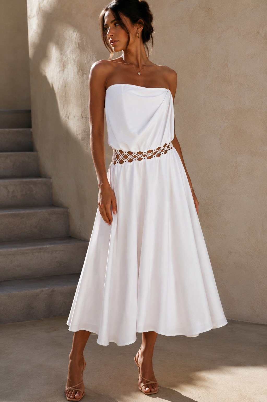 RUNAWAY White Cotton Strapless Midi Dress S Cutout Lattice Waist Resort Bridal