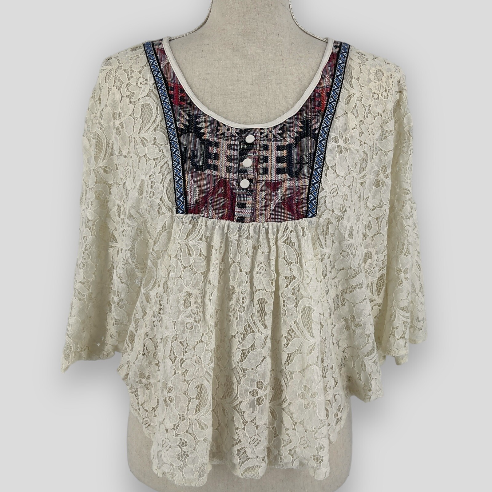 Flying Tomato Poncho Blouse Womens Short Sleeve Lace Batwing Bohemian Top Medium