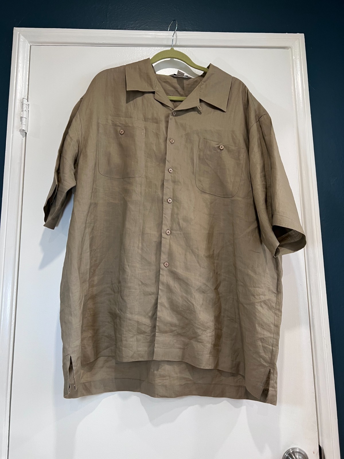 Linea Uomo Men’s 2XLT Tall Brown 100% Ramie Short Sleeve Button Down Camp Shirt