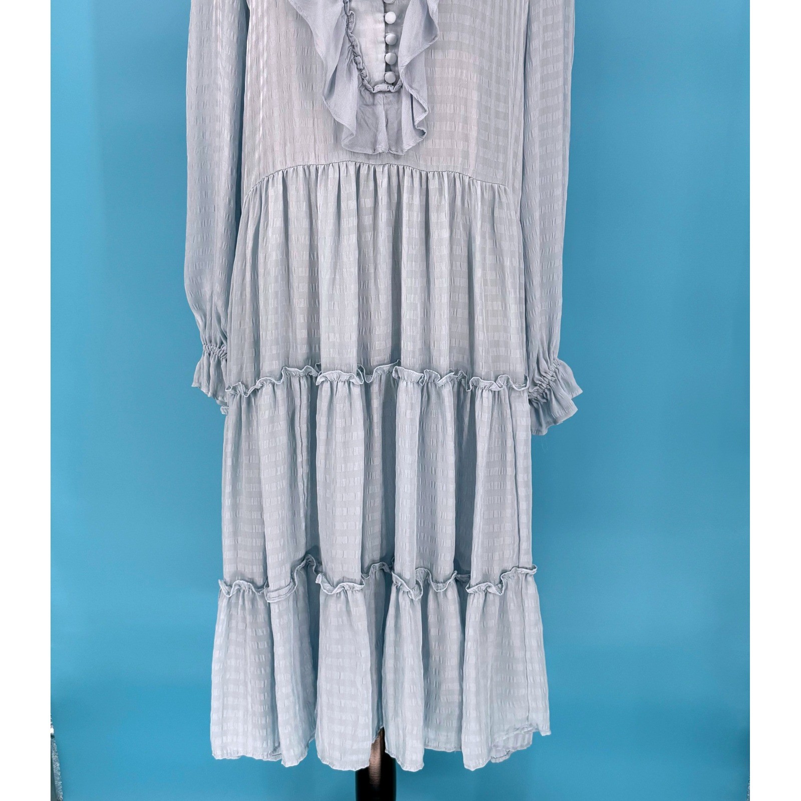 Anthropologie Light Blue Tiered Ruffle Midi Dress Long Sleeve Size M Cottagecore