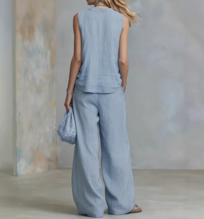 Womens 2 Piece Lounge Set V Neck Sleeveless Top Wide Leg Pants Casual Outfits