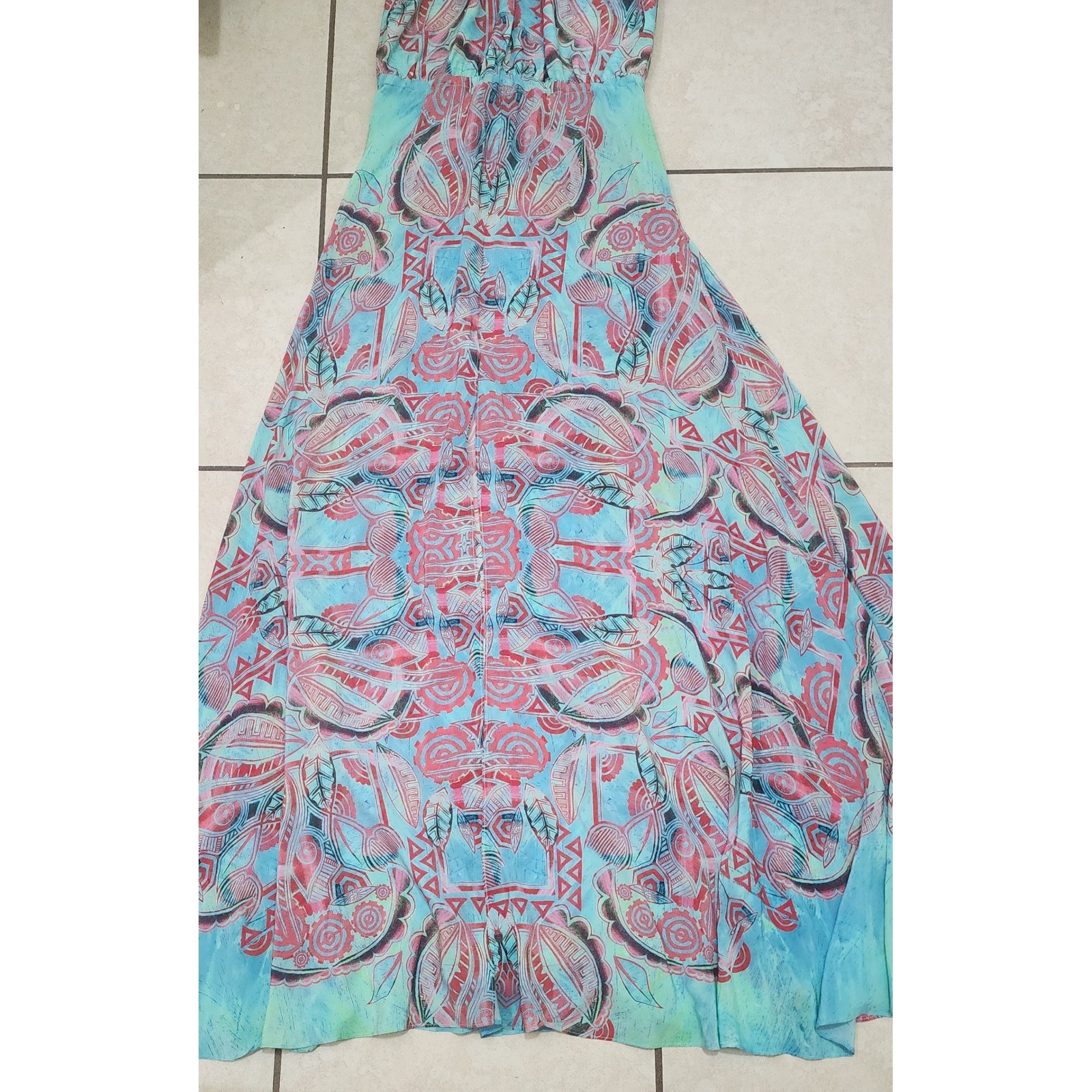 Tribal Print Halter Maxi Dress Turquoise Coral Geometric Keyhole Back Floor