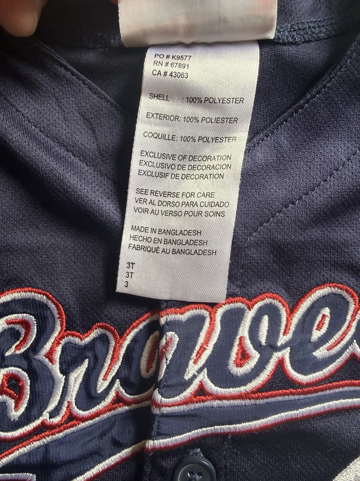 Team Athletics Atlanta Braves MLB Boys 3T Button Front Embroidered Jersey