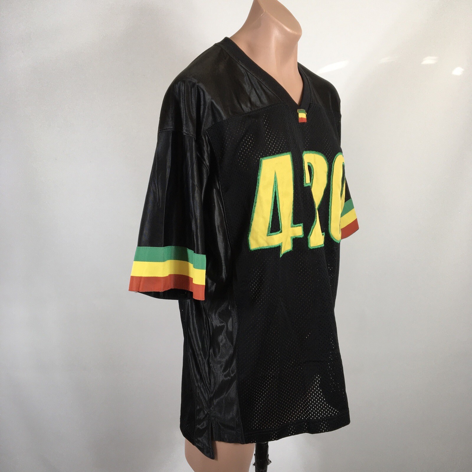 VTG 90s Atum Apparel 420 Weed Rasta Reggae Peace Love Black Mesh Jersey M/L