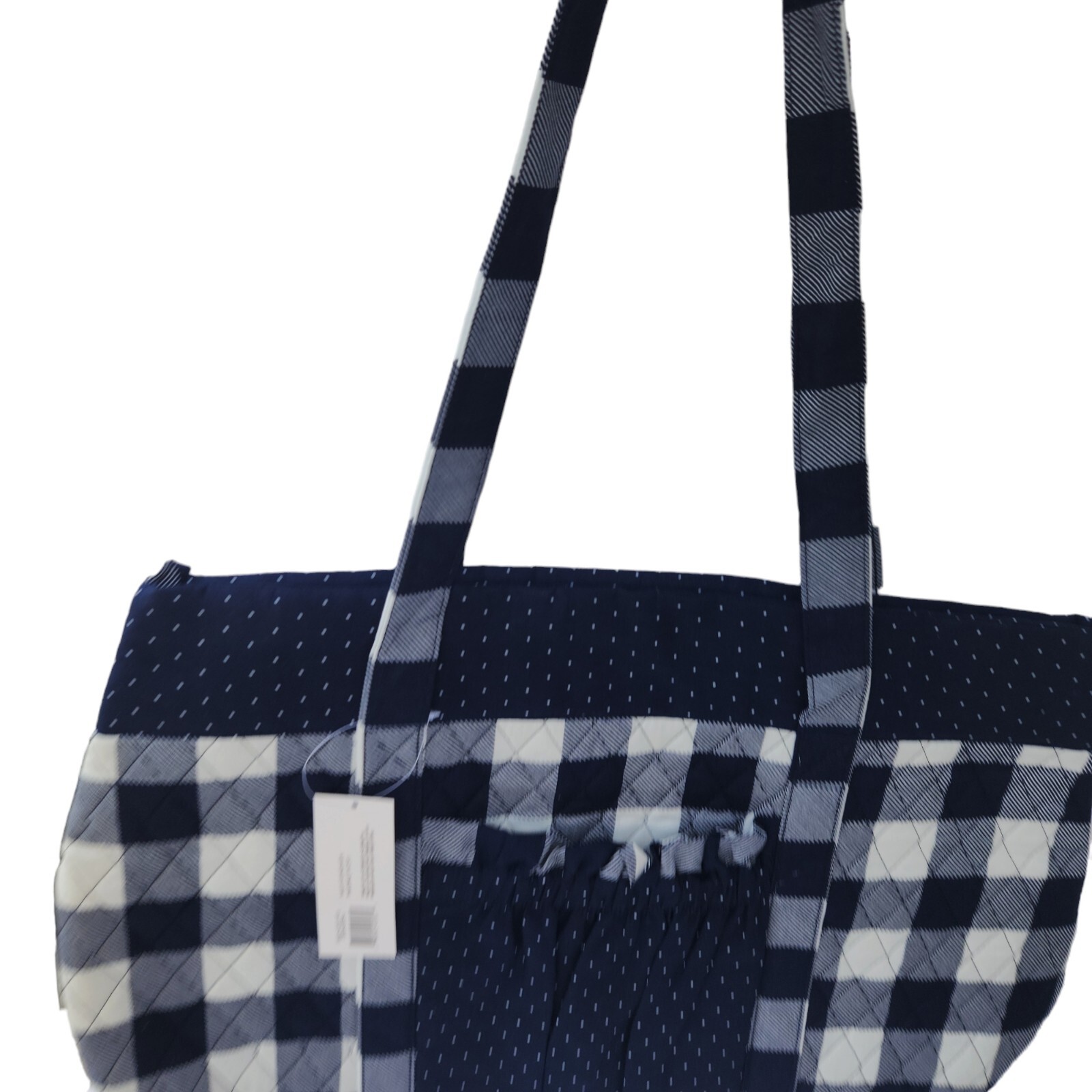 Quilted Fabric Tote Bag, Craft Bag, Sewing, Navy Gingham, 15 x 18 x 13.5 in