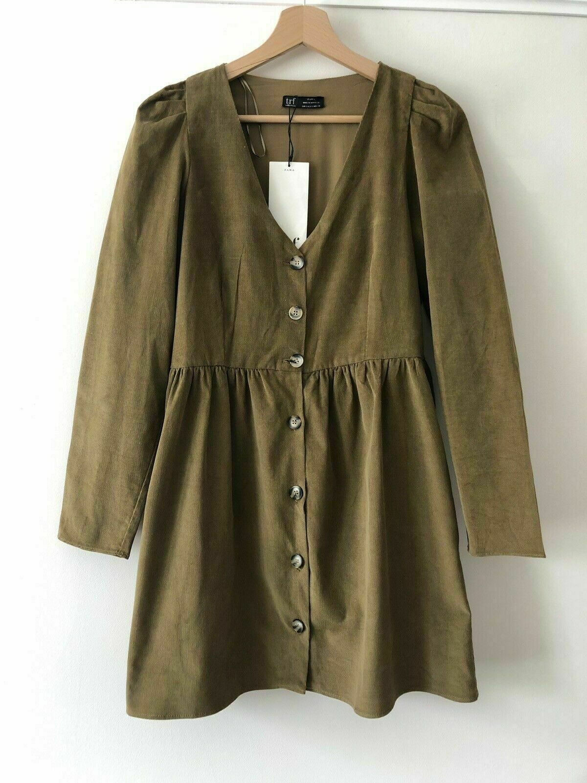 Zara Button Up Corduroy Mini Dress Green Fall Small New Retro Vintage Twee