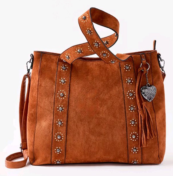 Women’s Brown Studded Satchel Top Handle Zip Silver Hardware Tassel Charm Strap