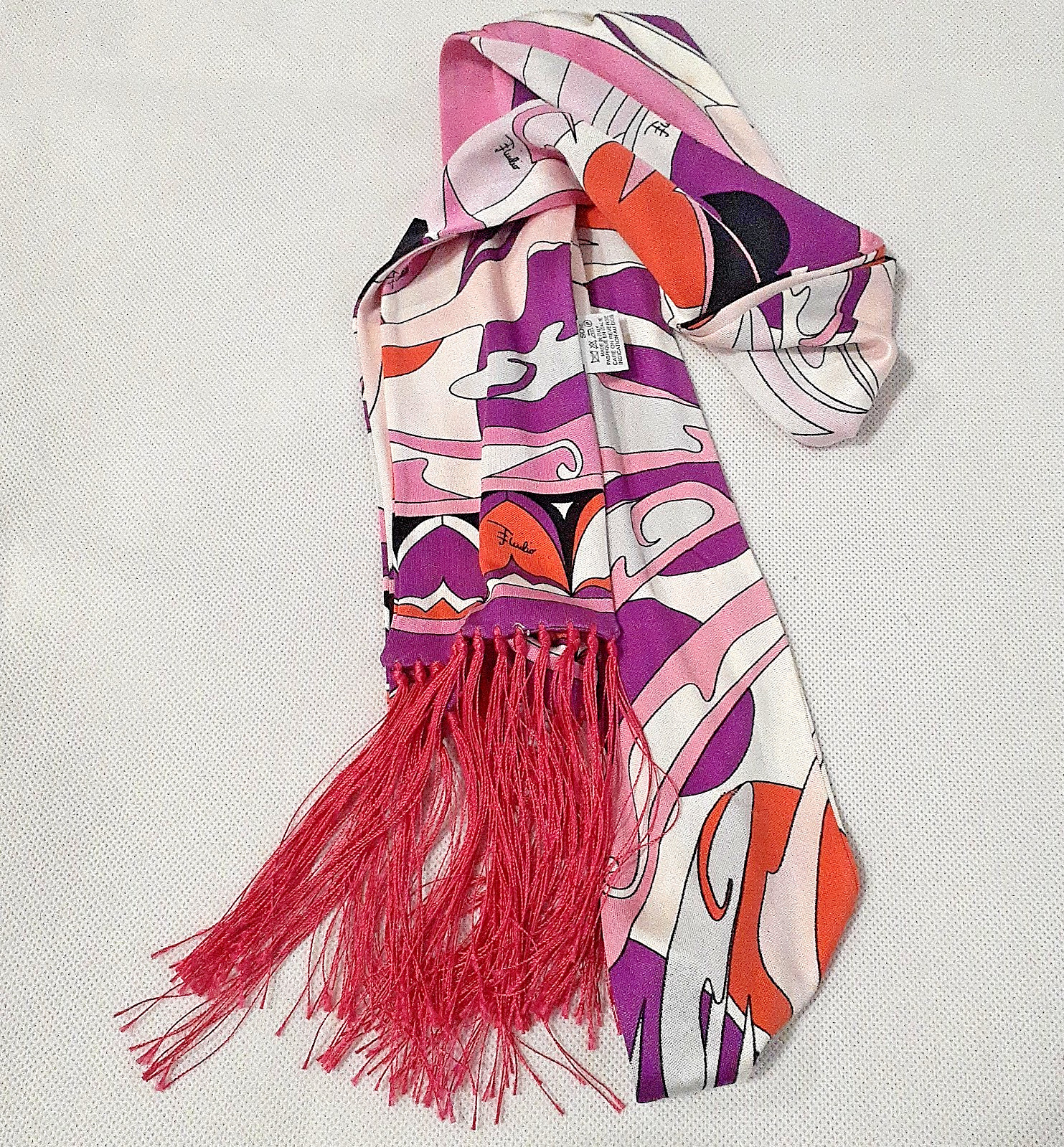 Emilio Pucci Silk Scarf Ribbon Purple Multicolor Geometric Narrow Fringe 182x9cm