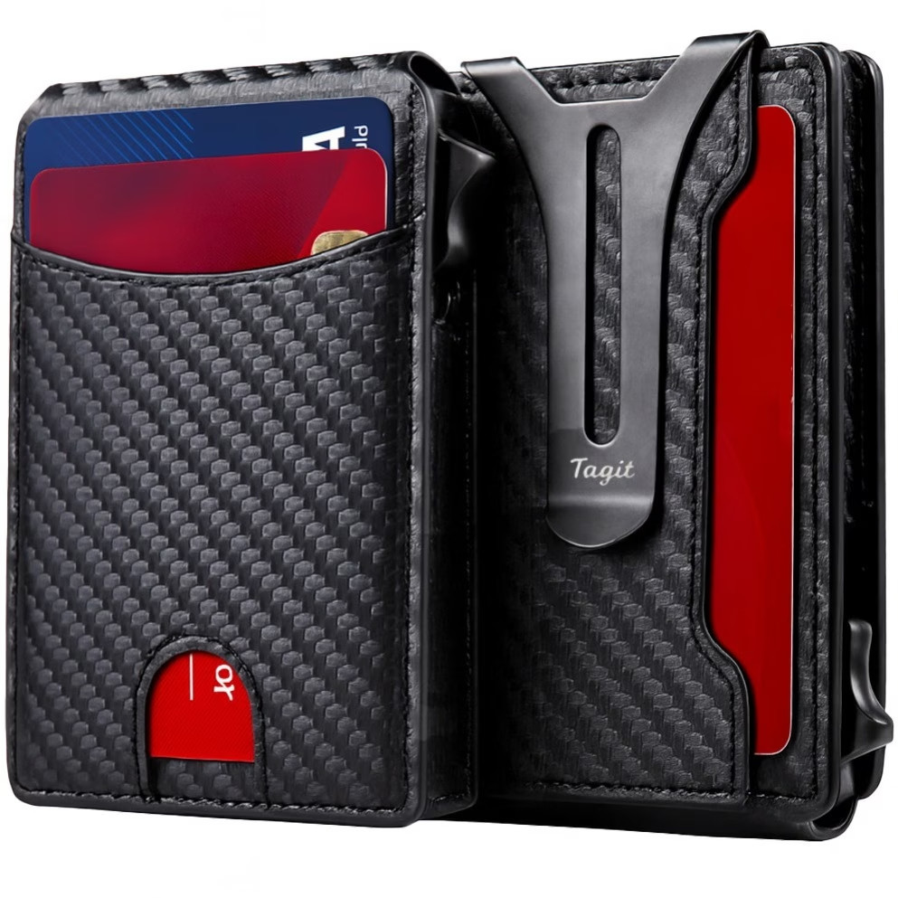 RFID Blocking Carbon Fiber Wallet, Pop Up Card Holder Slim Bifold, Money Clip