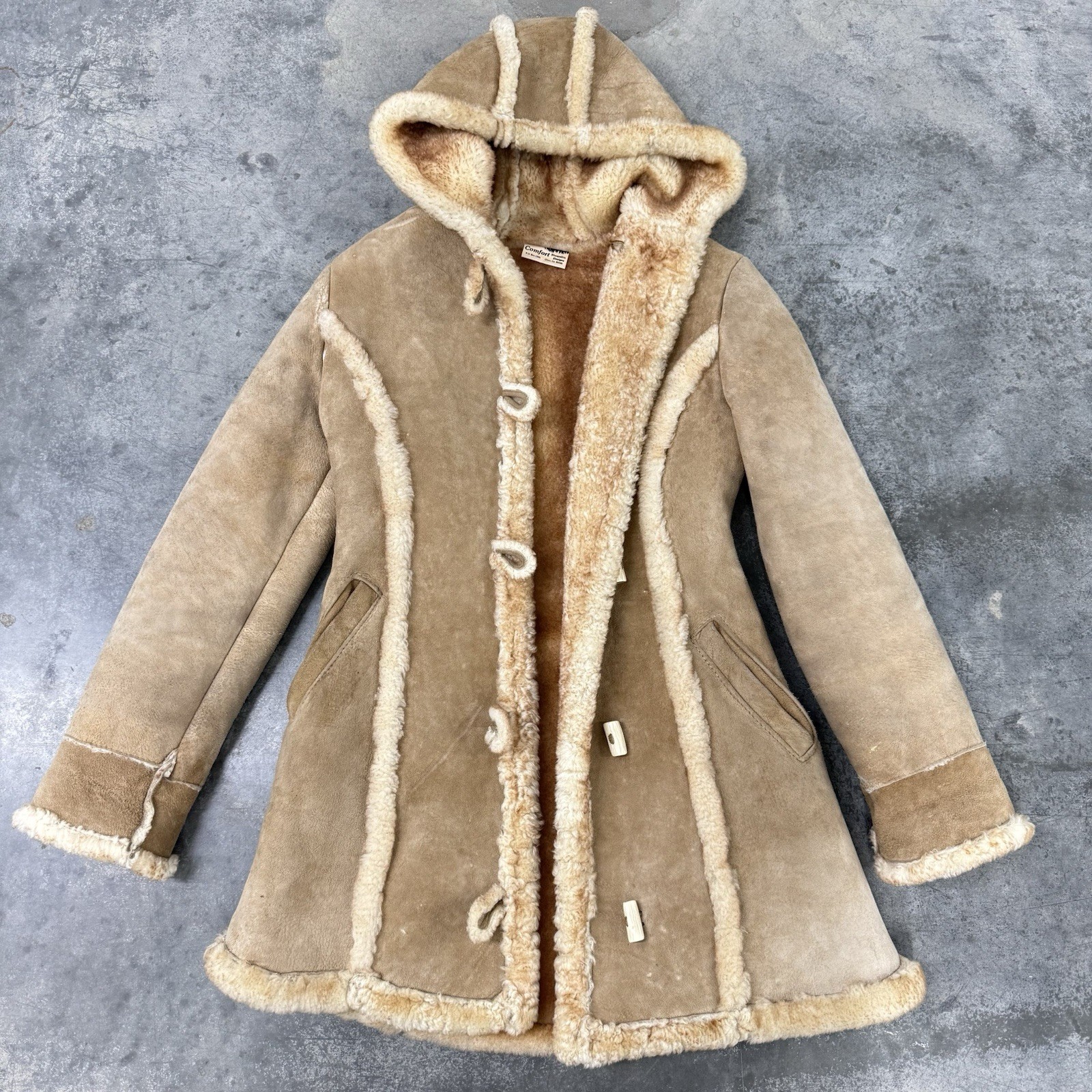 VTG Northern Comfort Sheepskin Designs Shearling Hooded Coat Jacket See Size