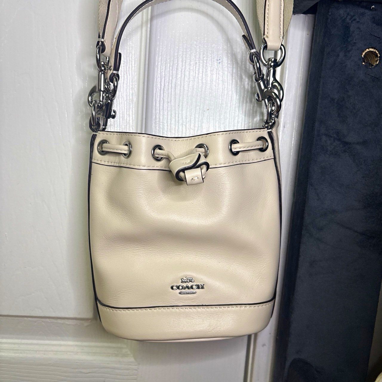 Coach Beige Small Bucket Bag Drawstring with Detachable Strap Silver Hardware