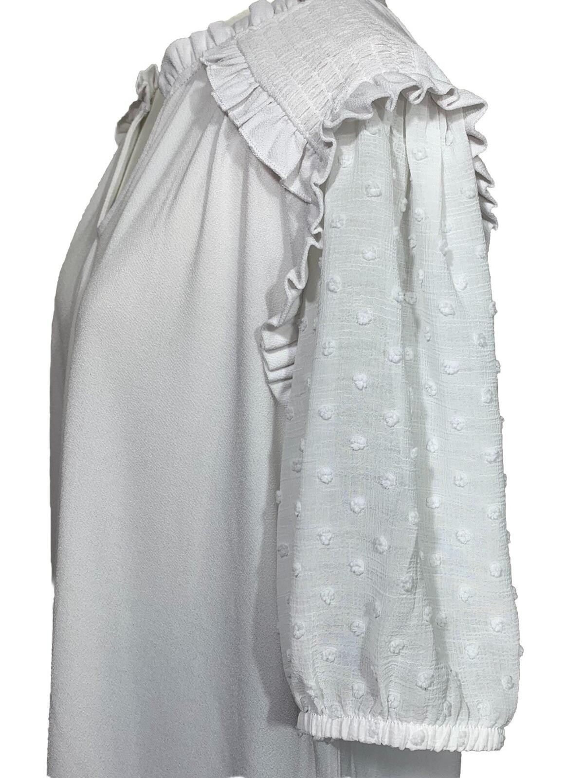 CeCe Blouse Womens XL White Swiss Dot Puff Sleeve Ruffle Smocked Mixed Media