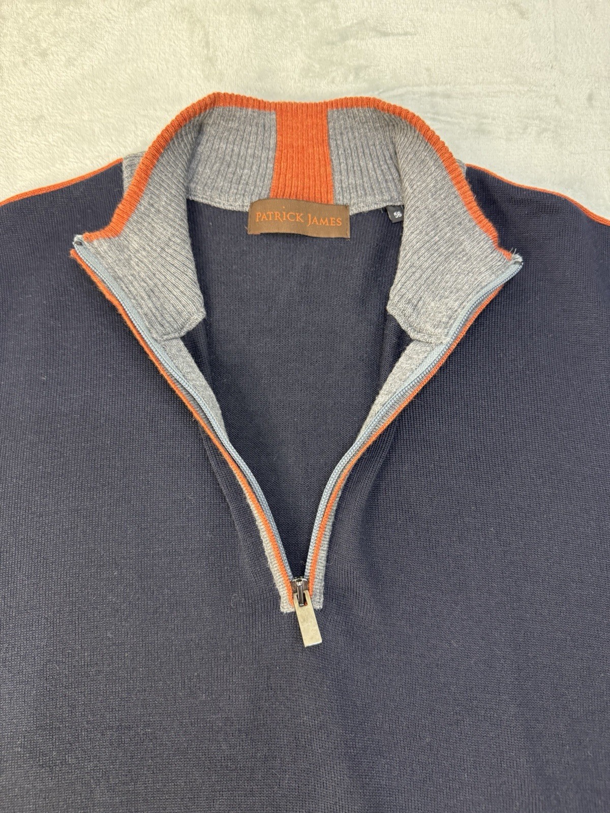 Patrick James Navy Full Zip Merino Wool Blend Sweater Color Block Size 56