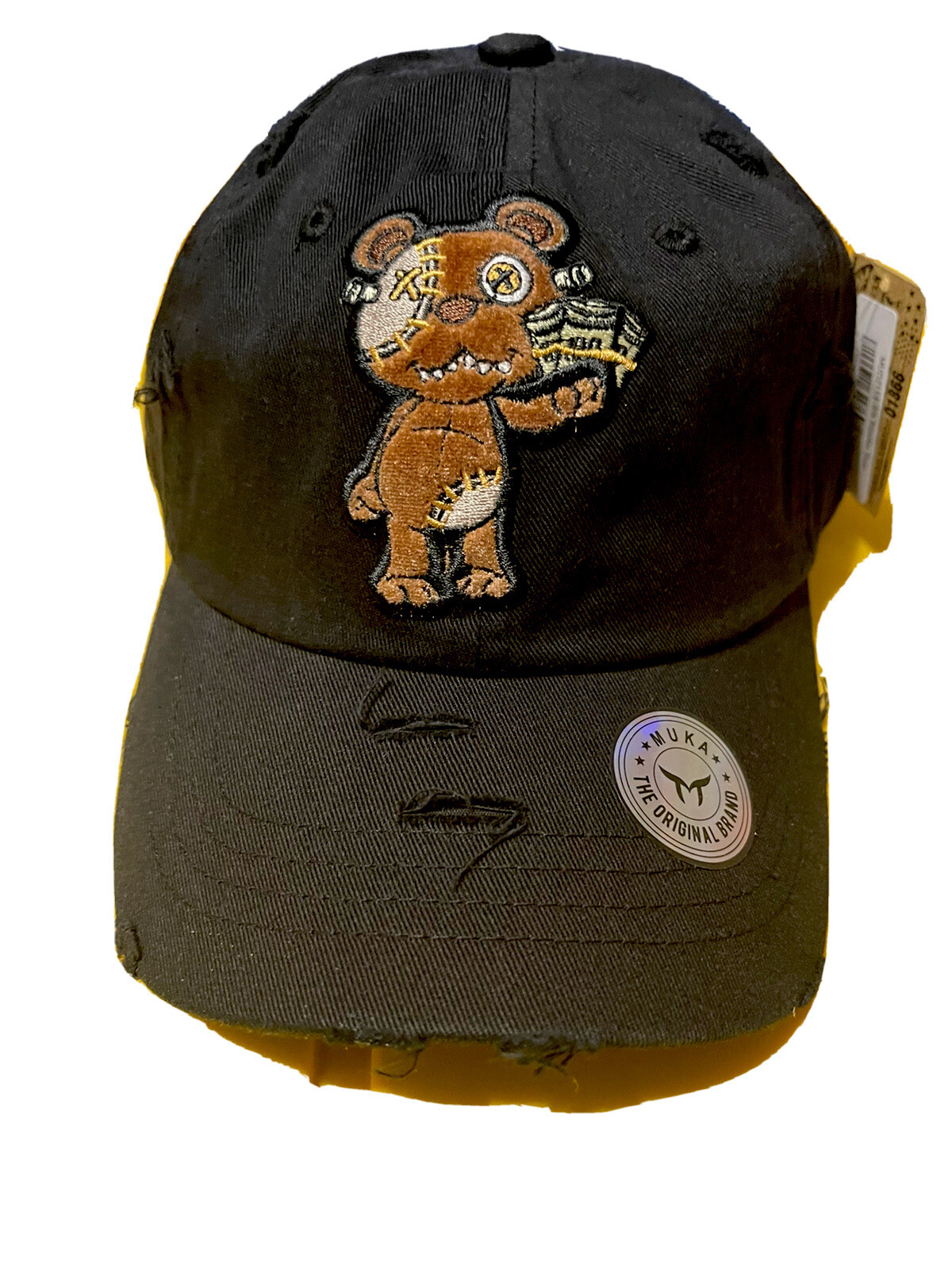 Muka Black Bipolar Bear Adjustable Distressed Hat Cap New