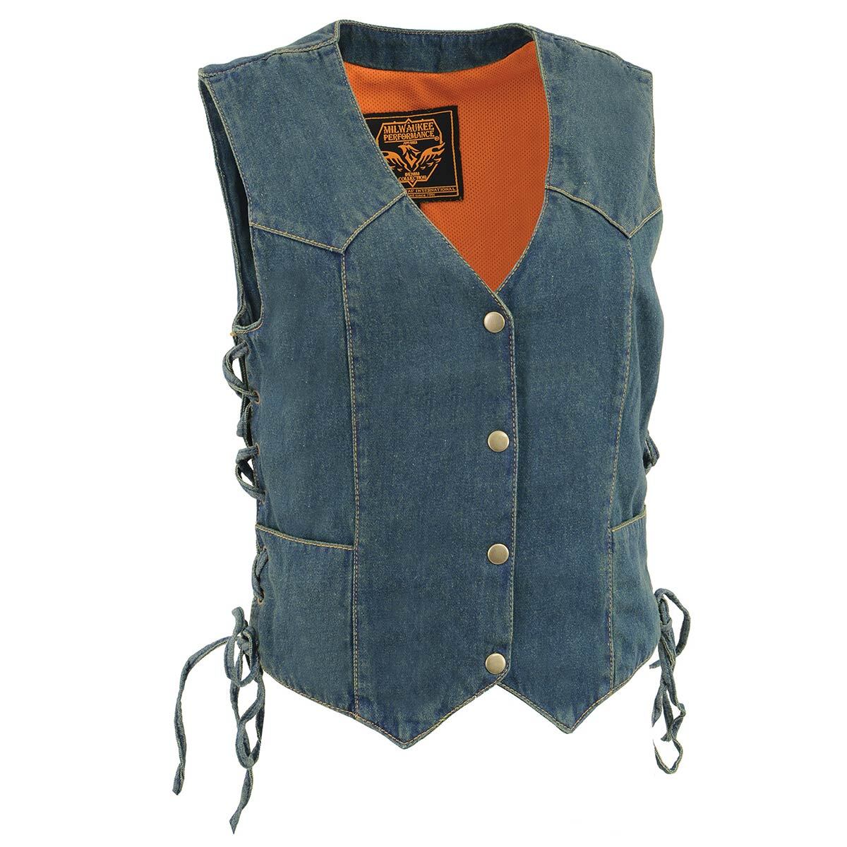Milwaukee Leather 4001 Women’s Blue Side Lace 4 Snap Front Denim Vest
