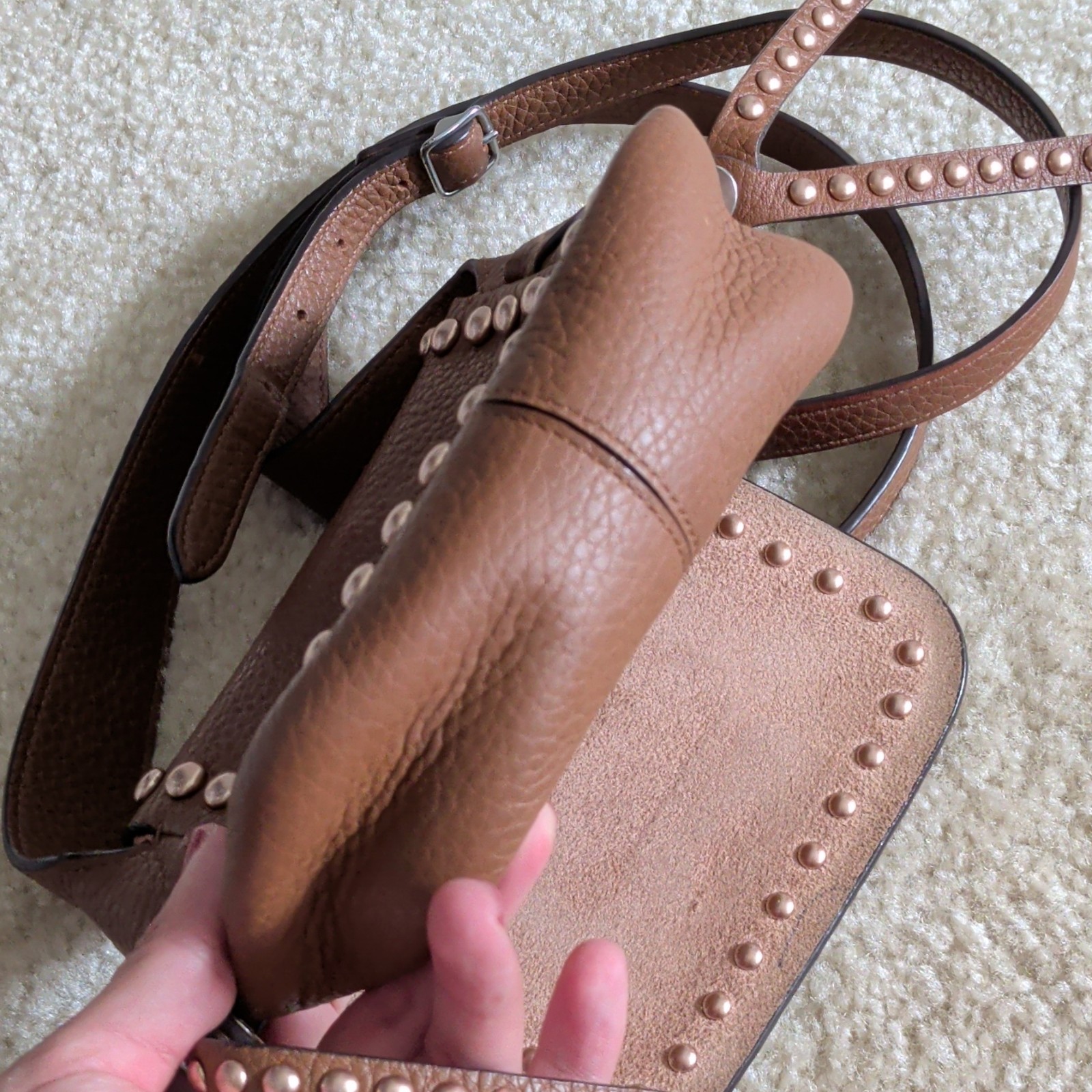Brown Pebbled Studded Saddle Small Crossbody Bag, Adjustable Strap Magnetic