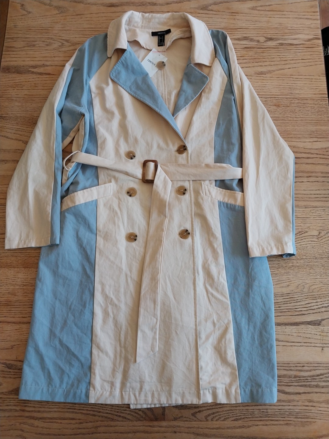 NWT Forever 21 Two Tone Colorblock Belted Trench Coat Womens Sz Large Tan & Blue
