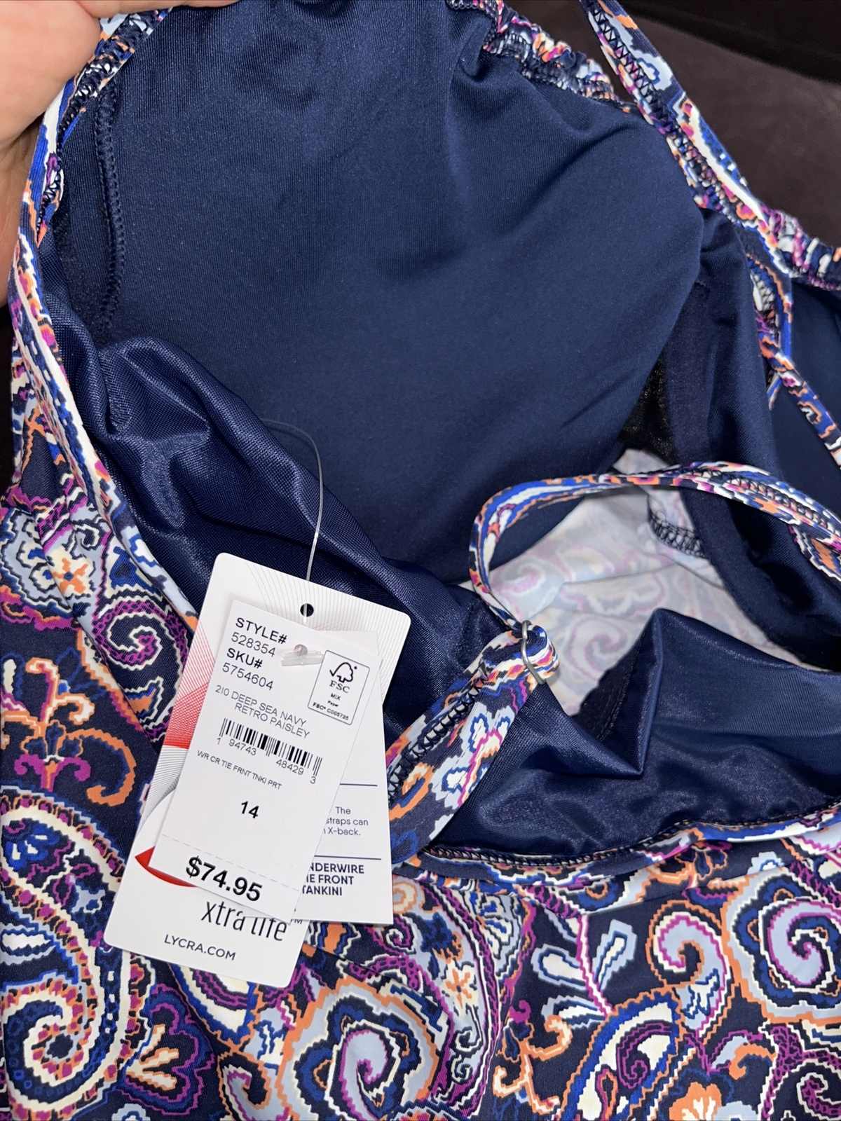 Lands End Swim Top Womens Size 14 Underwire Purple Paisley Tankini Swimwear