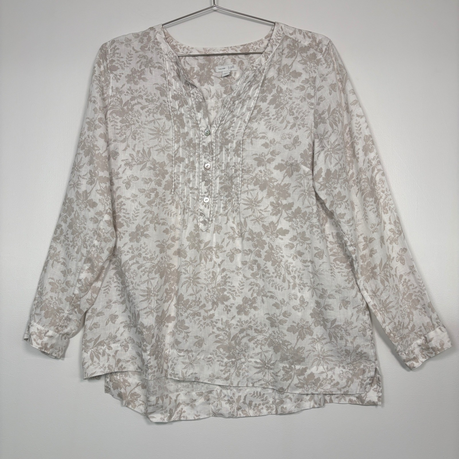 J. Jill Women Tunic Top Medium Tan White Floral Linen Long Sleeve V-Neck Blouse