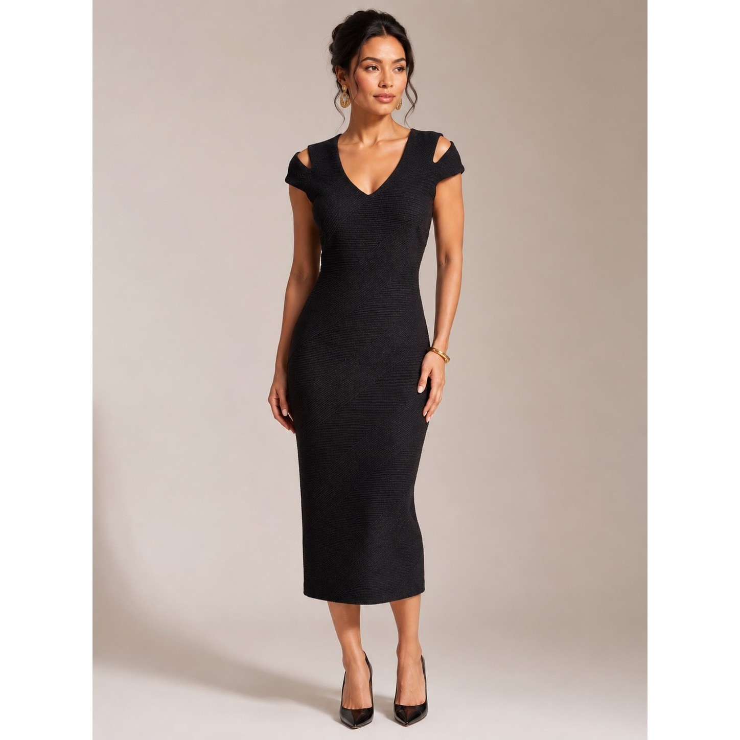 Dress The Population Black Metallic Cold Shoulder Ribbed Midi Dress Medium