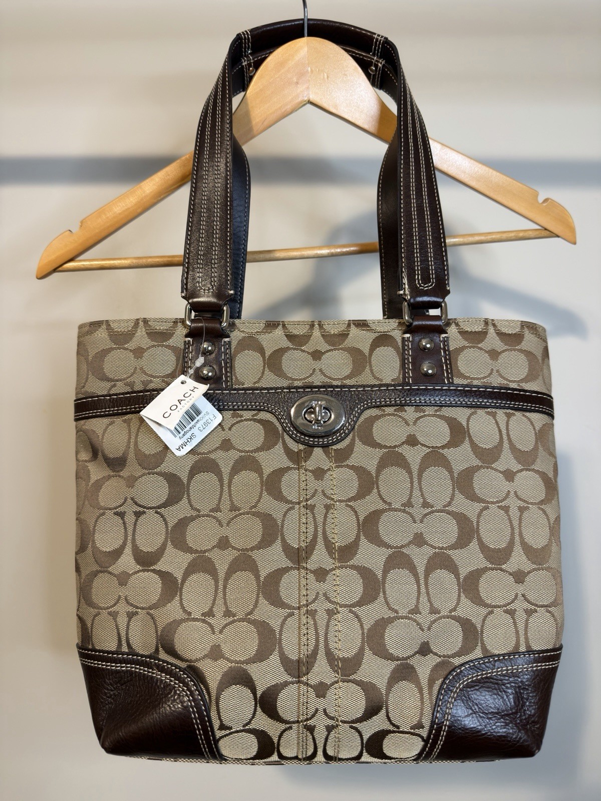 Coach Signature Monogram Brown/Beige Medium Tote Zip Top, Inner Pockets