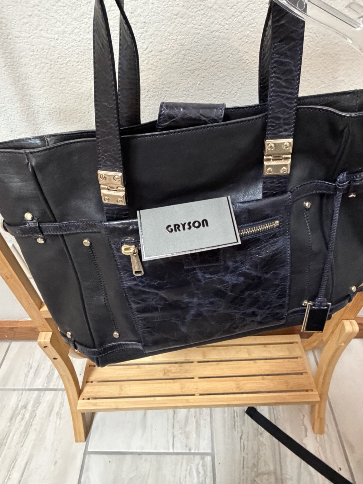 GRYSON Black Leather Tote Bag, Gold Hardware, Zipper & Studded Accents