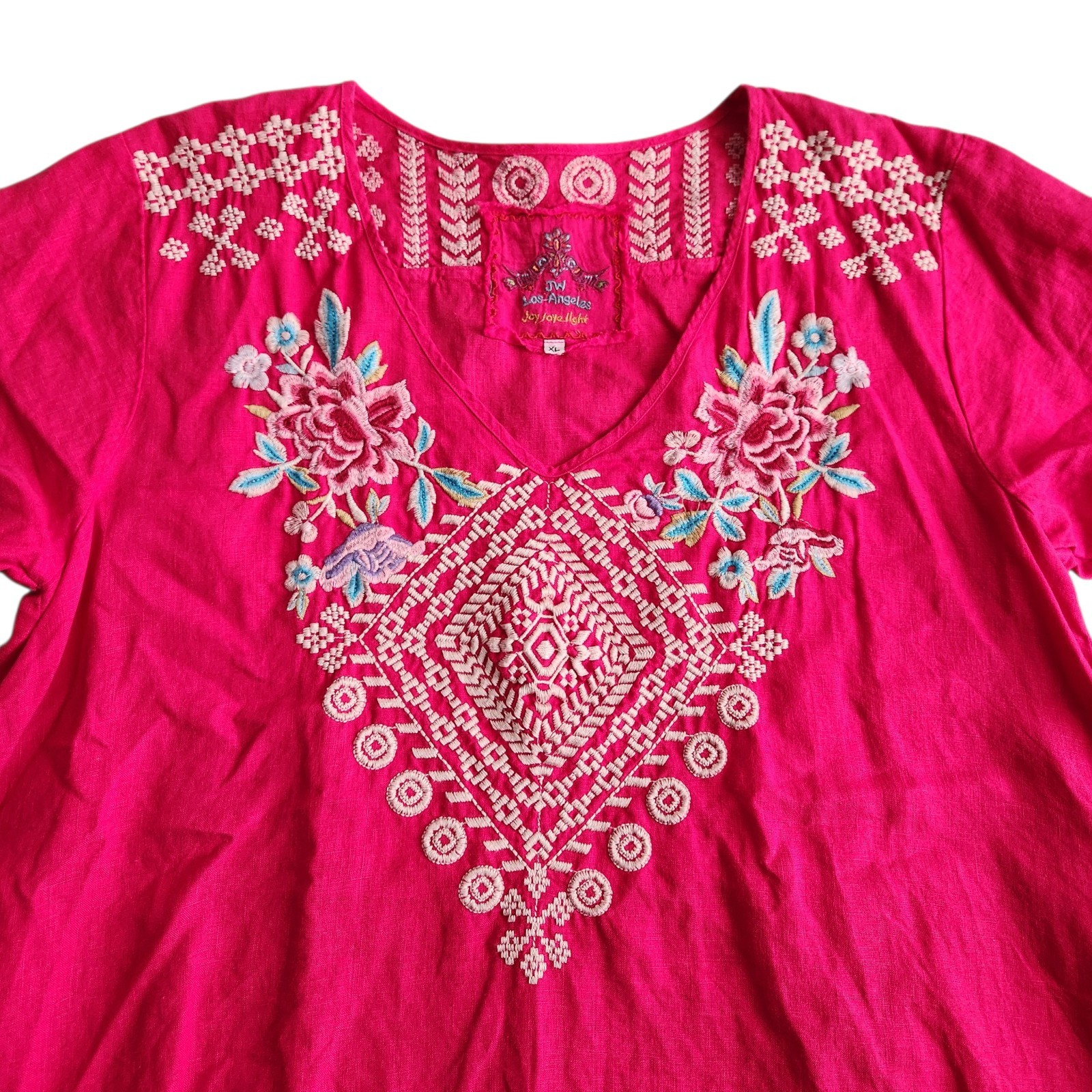 Johnny Was Floral Embroidered Blouse Tunic Top XL Hot Pink Bohemian Fiesta Indie
