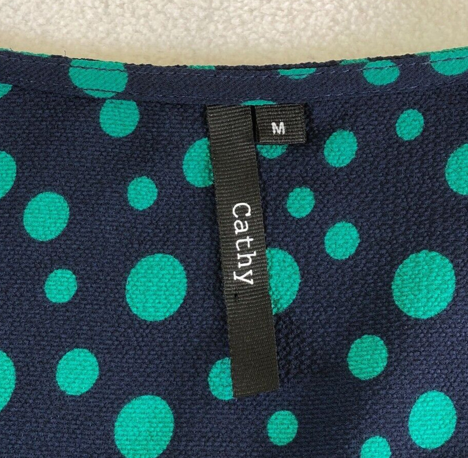 Cathy Womens Top Sz M Blue Polka Dot Front Zip 3/4 Sleeve Pockets Stretch NWOT