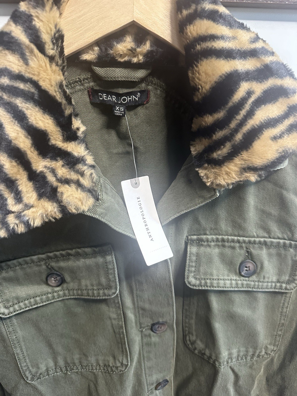 Dear John Olive Animal Print Collar Button Jacket XS Women, Pockets