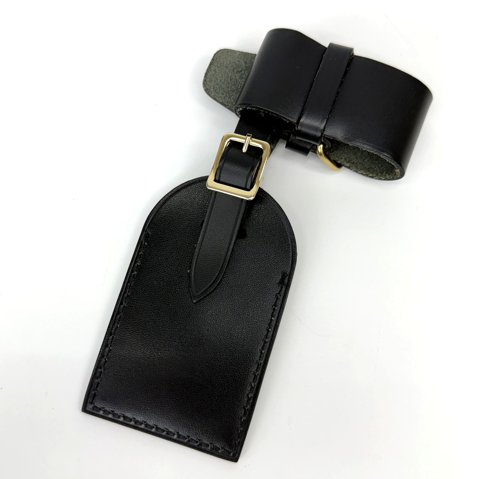 Authentic Louis Vuitton Black Leather Luggage Name Tag & Poignet Set Used Japan