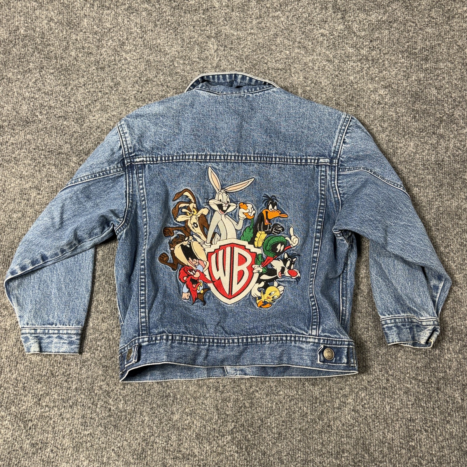 Vintage Warner Bros Jacket Kids Small Blue Denim Looney Tunes Back Graphic 90s