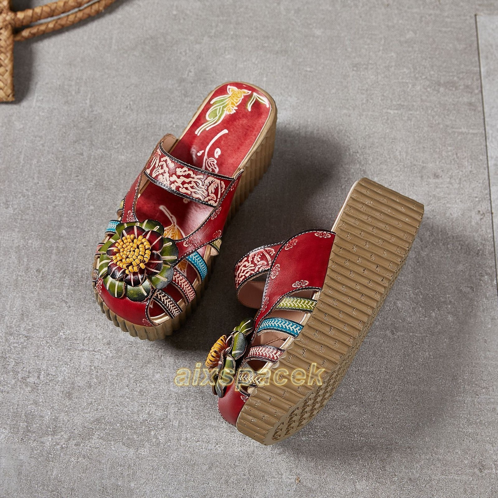 Ladies Ethnic Thick-soled Cowhide Leather Sandals Women Handmade Home Slippers