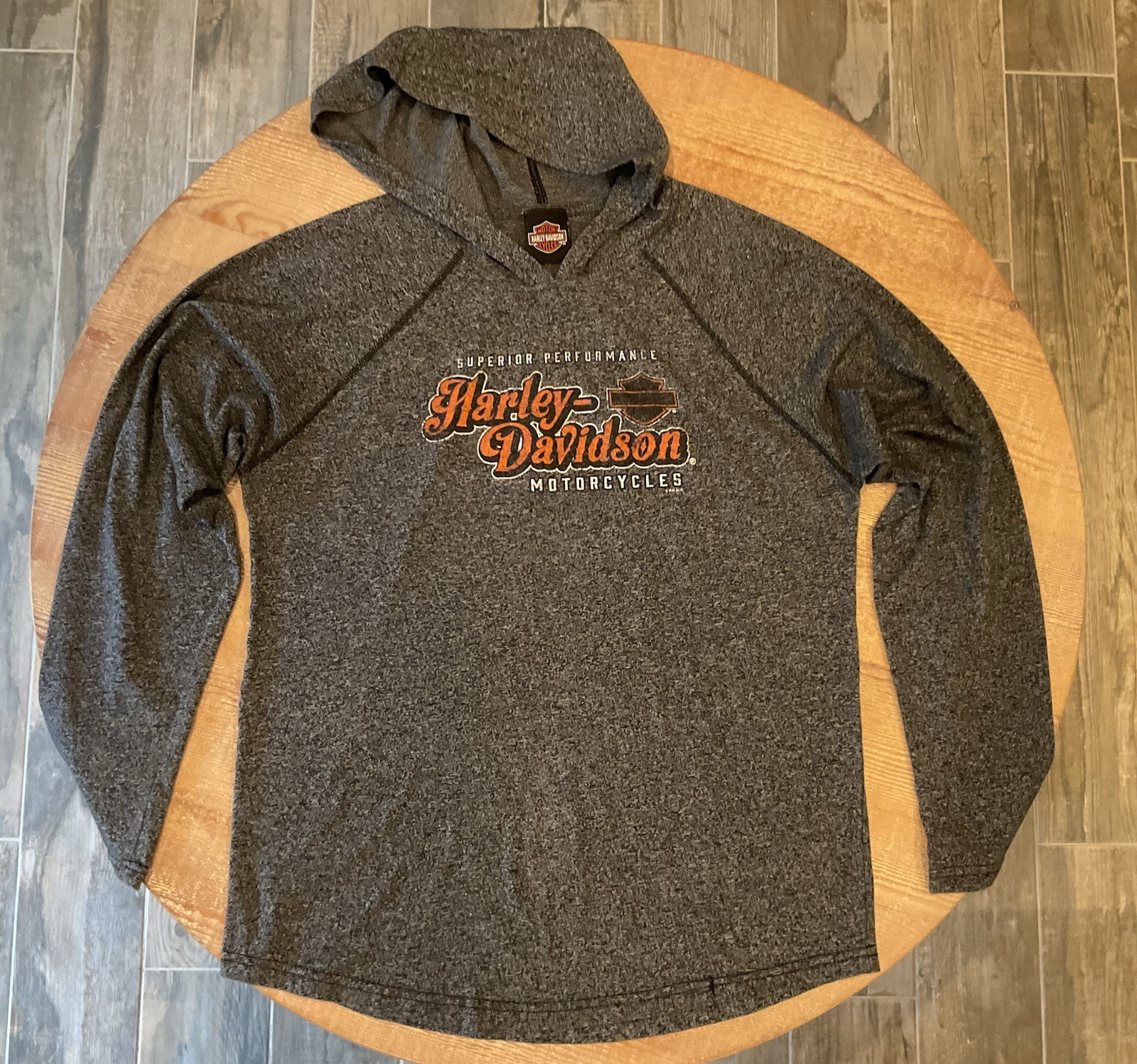 Harley Davidson Hooded Shirt L Gray Long Sleeve Pullover Hoodie Stretch Kansas