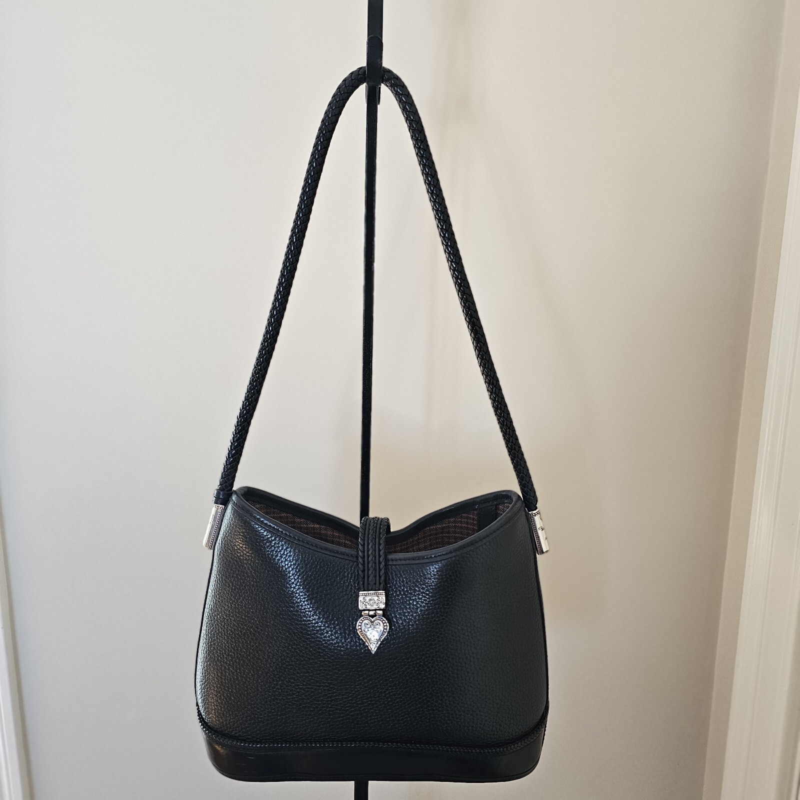 VTG Brighton Black Pebble Leather Braided Strap Silver Heart Purse Hobo HandBag