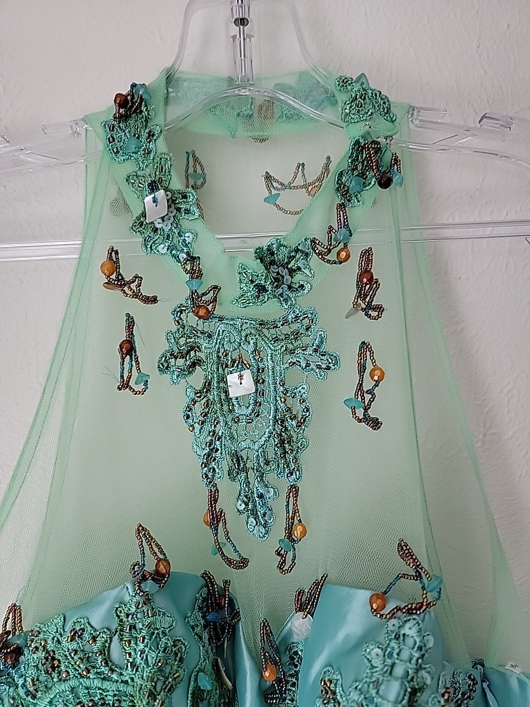 VTG Taffeta Formal Dress Size 8 Aqua Beaded Sleeveless Ruffle Tiered Prom