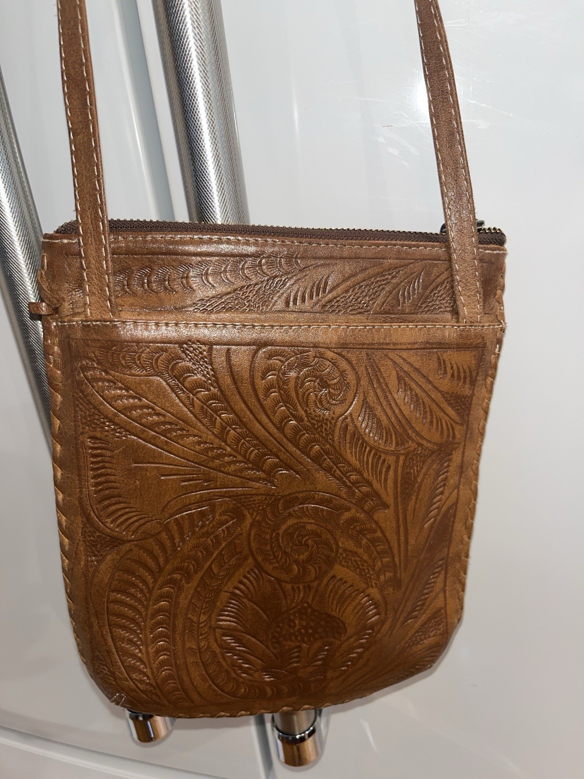 Leaders…Leather Tooled Brown Crossbody/Handbag… Made in Paraguay