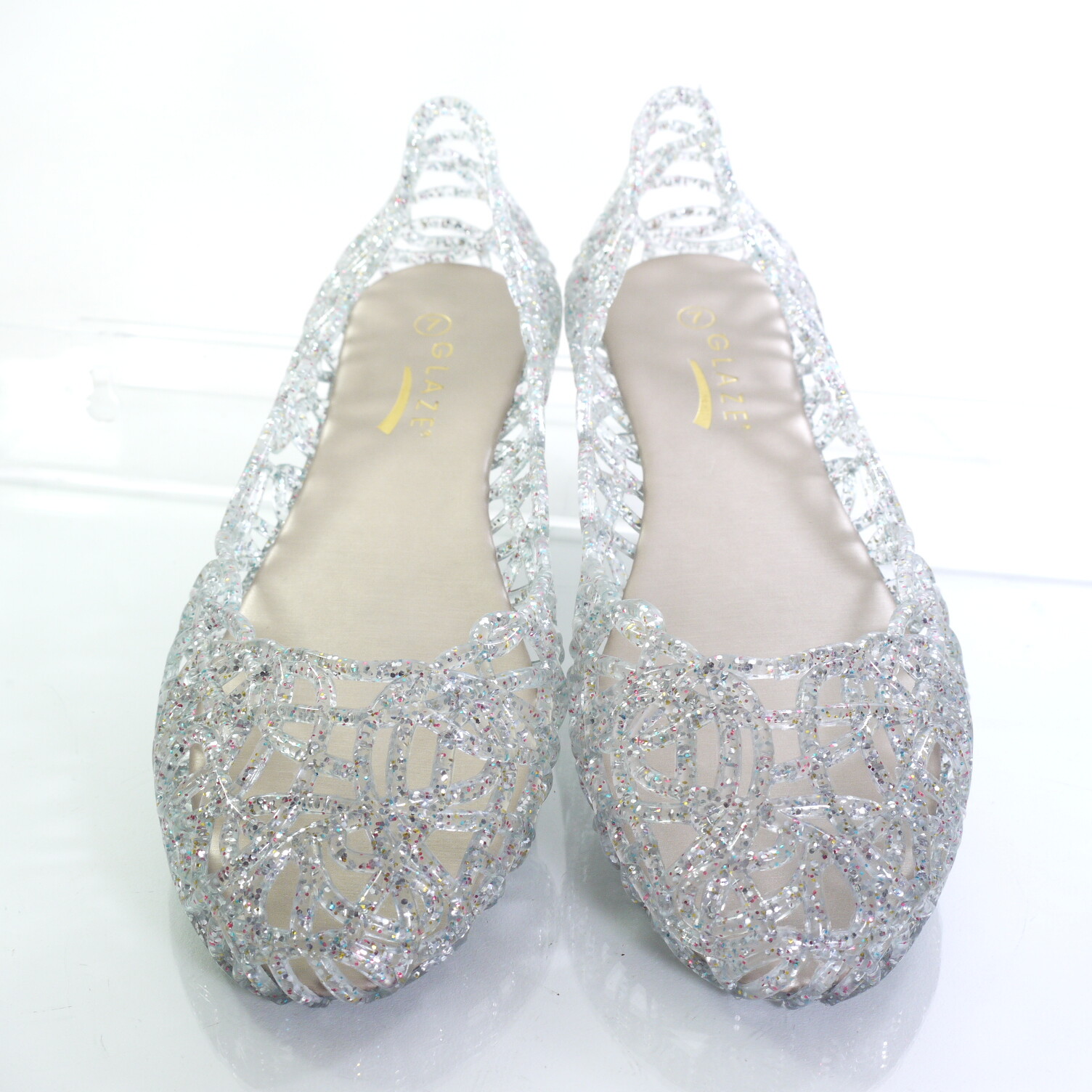 Glaze Alaska PEWTER Fashion Glitter Layered Lines Jelly Ballet Flats.PICK SIZE