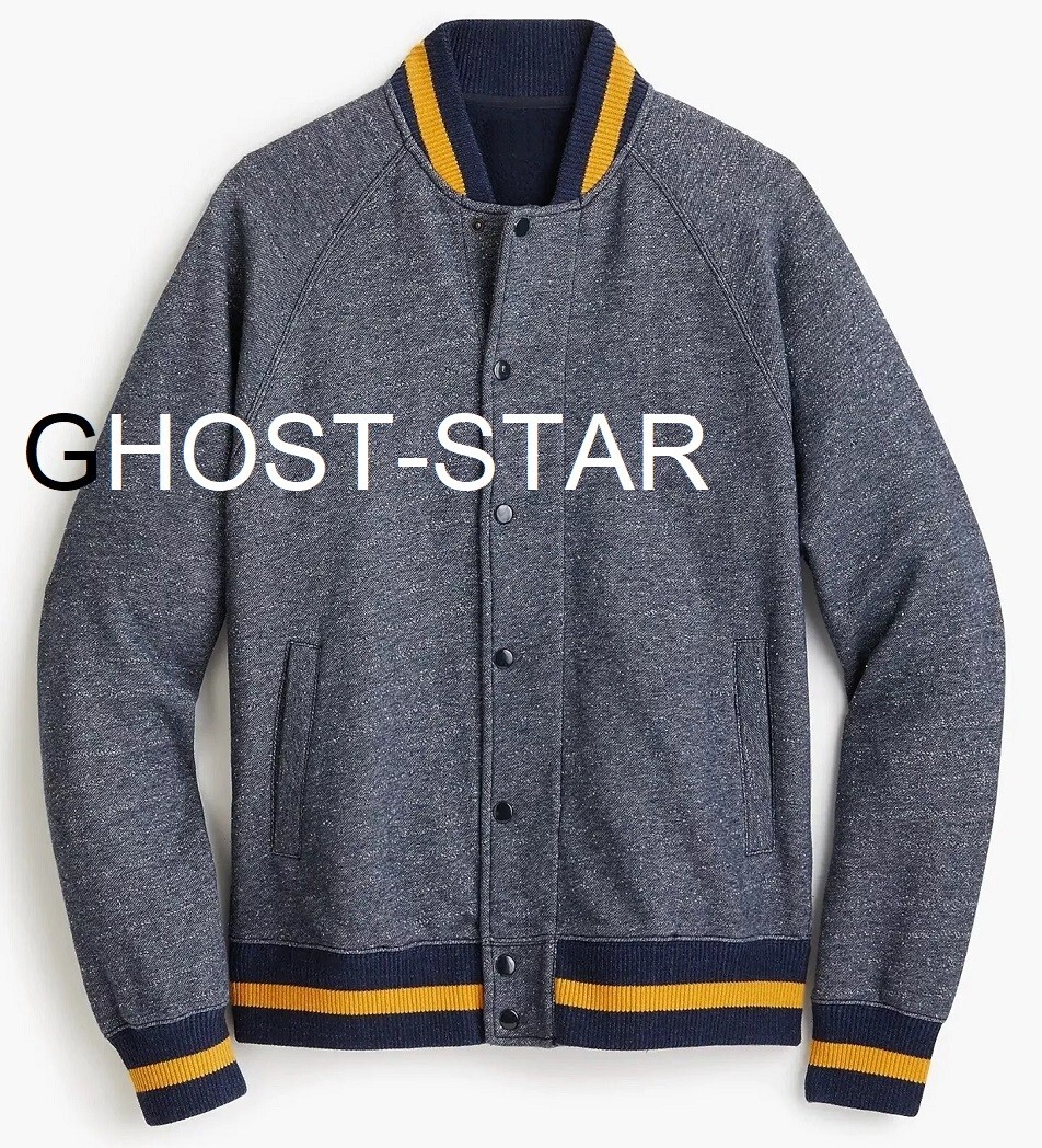 J.CREW varsity knit jacket fleece college letterman navy blue stripe sweater L