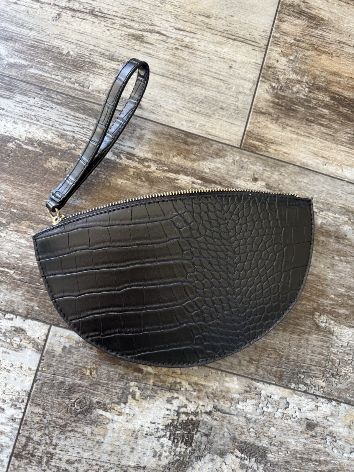 A New Day Zip Closure Half Circle Faux Leather Clutch Handbag Purse Black