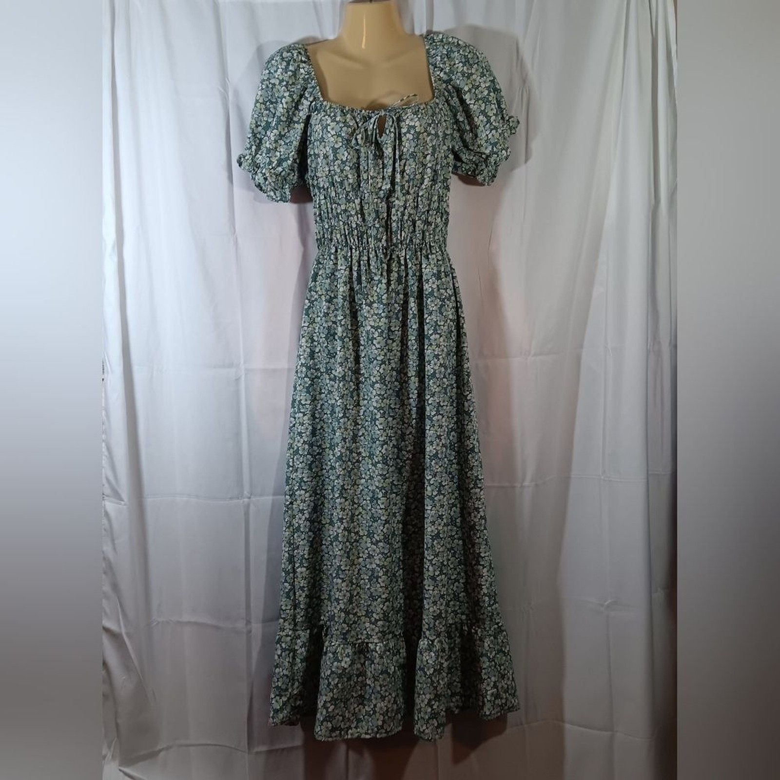 Hesperus Womens Medium Ditsy Floral Maxi Dress Green Milkmaid Peasant Cottage