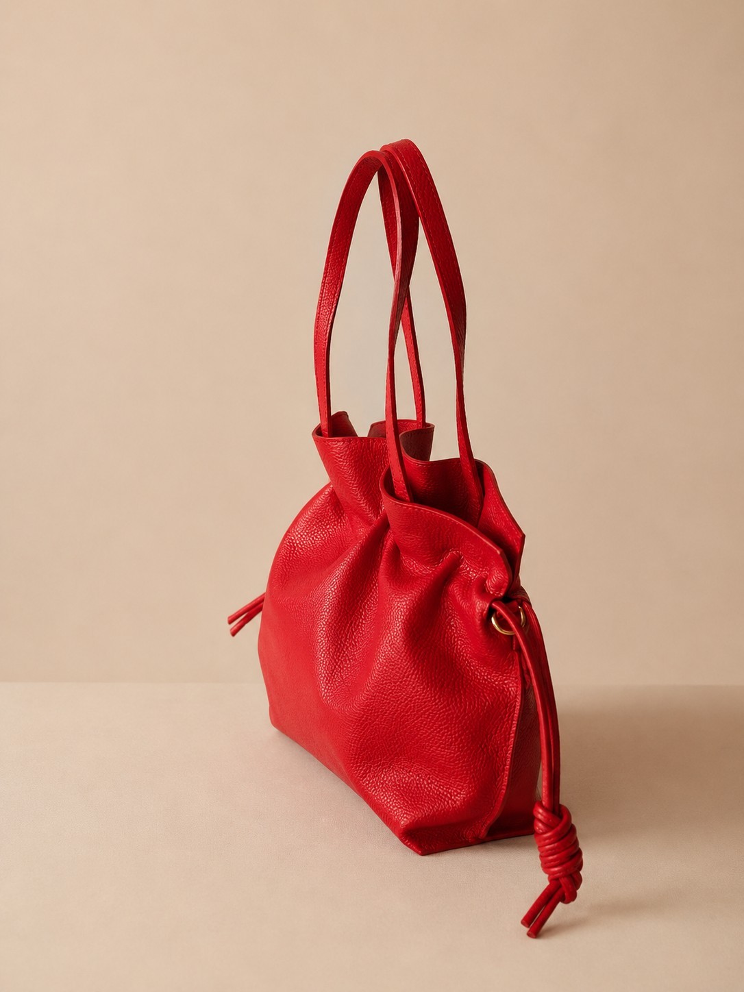Red Italian Leather Bucket Bag, Soft Pebbled Leather Crossbody Bag