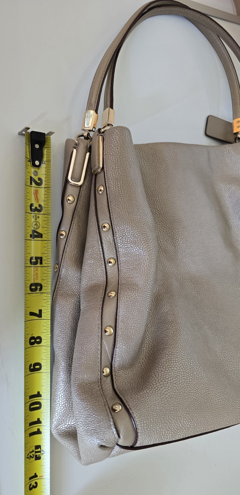 Coach Phoebe Champagne Metallic Pebbled Leather Hobo Shoulder Bag Studded