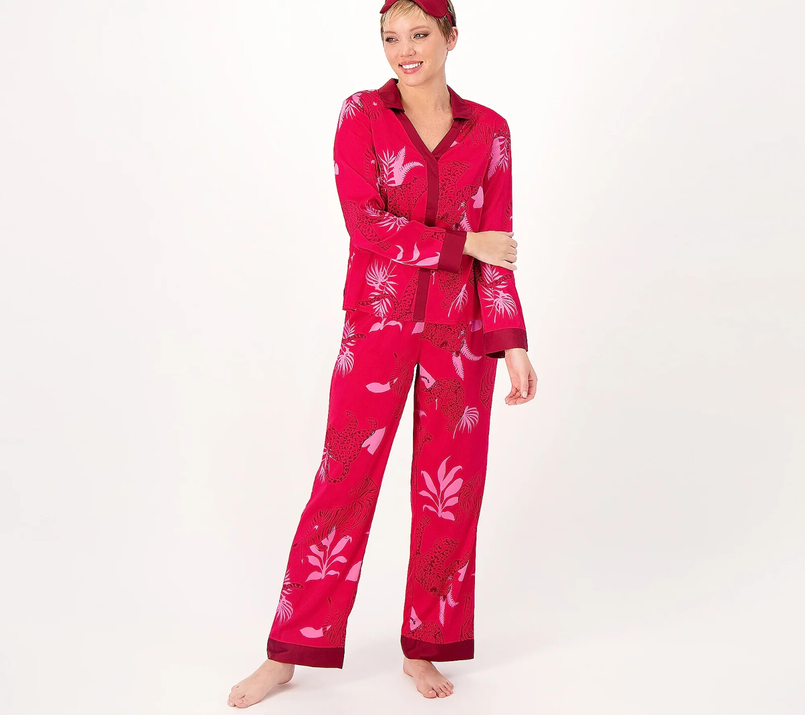 Breezies Lounge Printed Sleep Set with Eye Mask Cranberry Cats 3X A520885 PJ Set