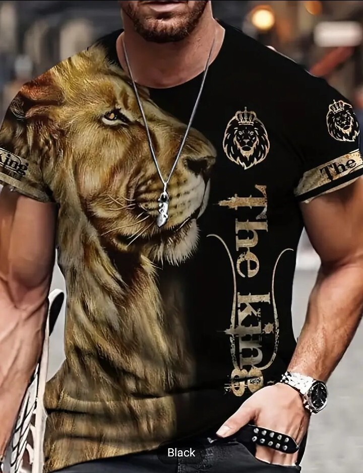 Men’s Trending Crew Neck Short Sleeve Black Animal Print T-Shirt Size Large New