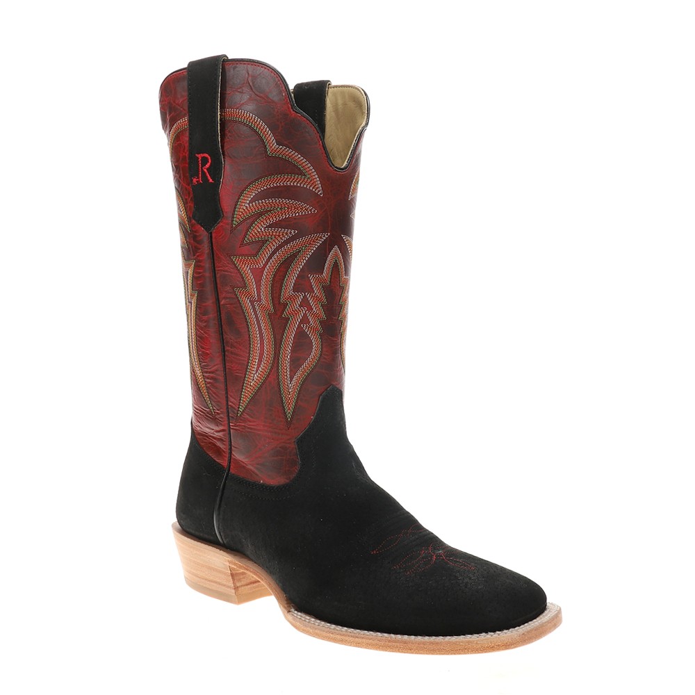 R. Watson Boots Roughout Wide Embroidered Square Toe Cowboy Mens Black, Red Cas