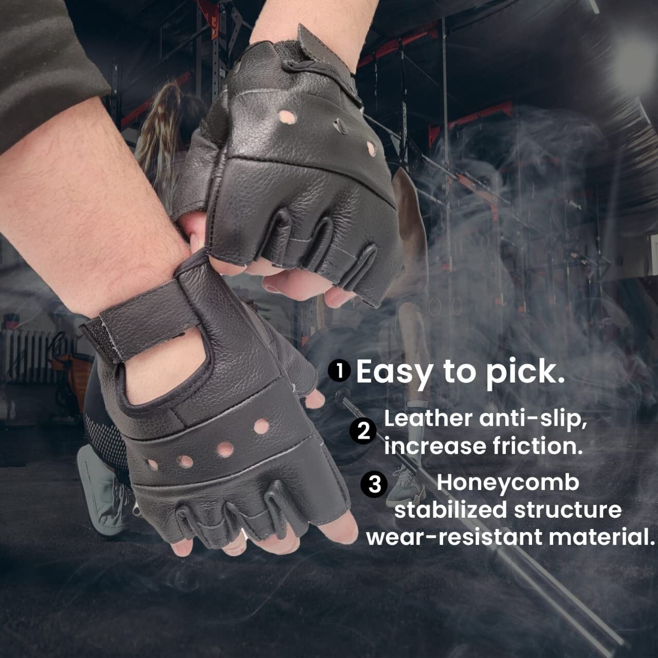 Men’s Fingerless Leather Gloves w/Gel Padded Palms – Driving, Motorcycle Riding