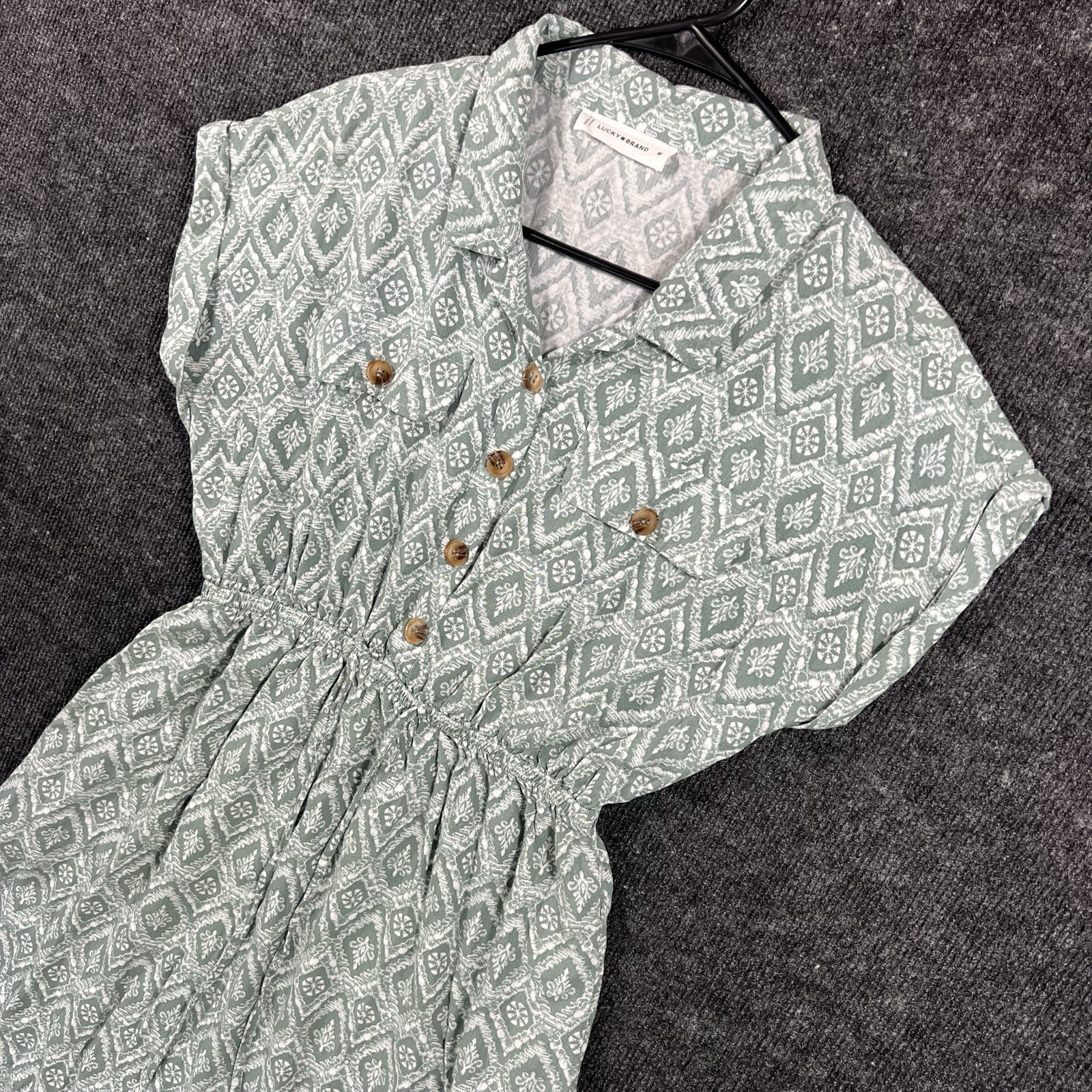 Lucky Brand S/S Midi Shirt Dress Size M Geo Jade Border Green White W/Pockets